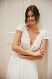 Modern Bride in satin wedding dress with open back, elegant modern bridal style Australia
