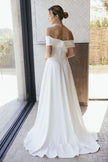 Off shoulder wedding dress with button back, elegant modern bridal style Australia